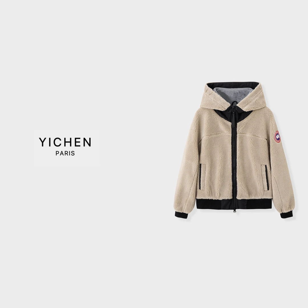 YC 卡其色摇粒绒连帽户外刺绣徽标毛毛外套-1804