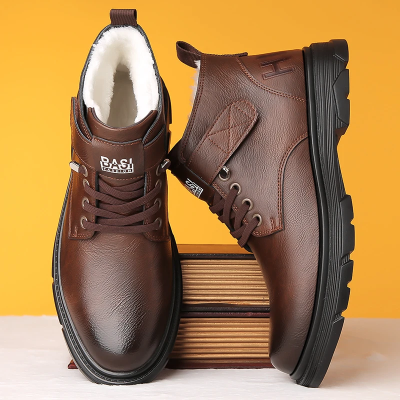 【源头工厂直销】冬季男士马丁靴保暖工装靴男加绒加厚爸爸皮棉靴