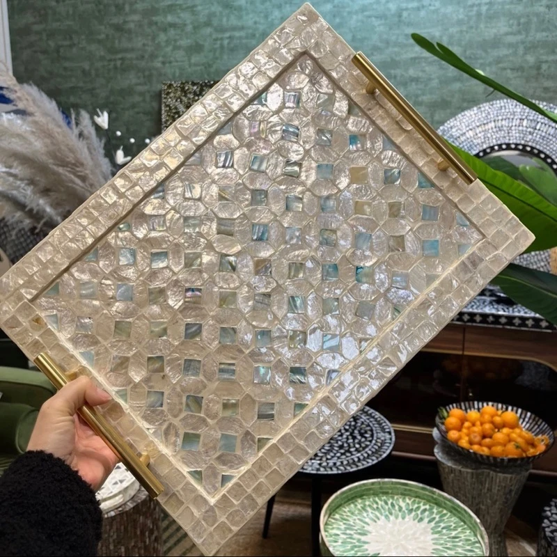 蓝色欧式隔热防烫格纹全贝壳带提手餐盘餐桌垫子收纳盘