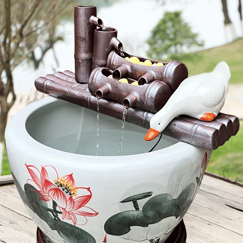 陶瓷鱼缸仿竹子过滤器圆缸瓷缸增氧上置过滤盒鱼缸过滤循环系统造
