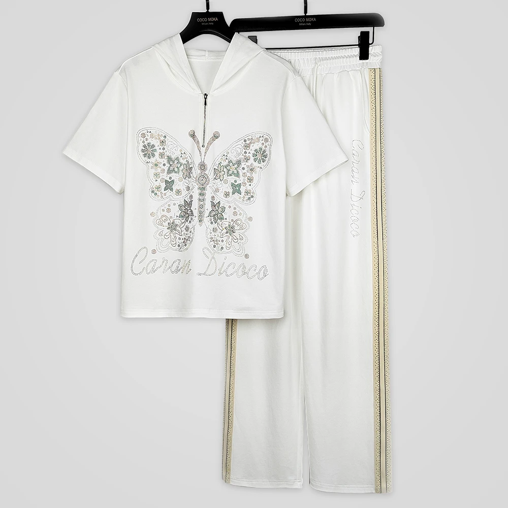 2025新款短袖连帽运动休闲套装女士时尚宽松烫钻潮流【TZ492】