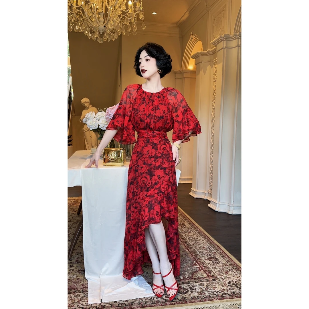 LYXJ【普罗旺斯花园】夏季收腰玫瑰提花连衣裙11027