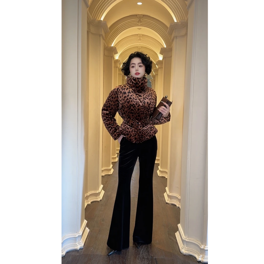 LYXJ【艾曼琳小姐】秋冬设计感豹纹收腰气质羽绒服11577