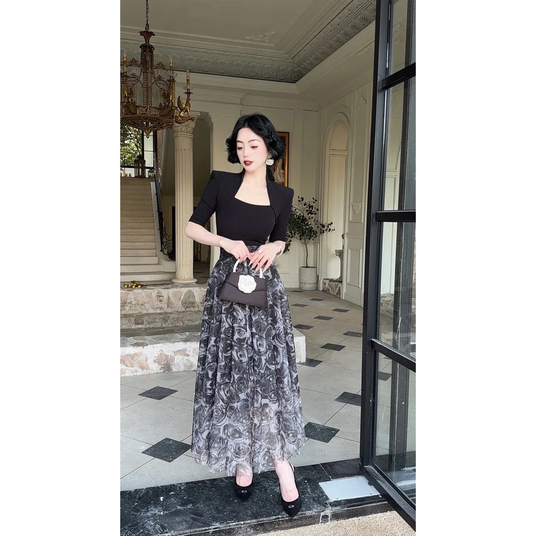 LYXJ【伦黛儿小姐】夏季印花网纱高腰半身裙11234