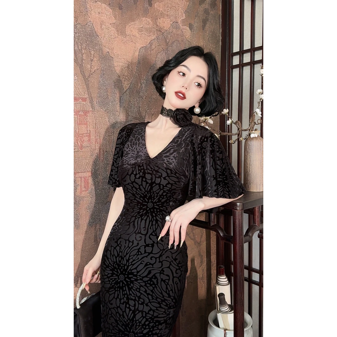 LYXJ【夜莺丝绒花】夏季丝绒提花黑色连衣裙11254