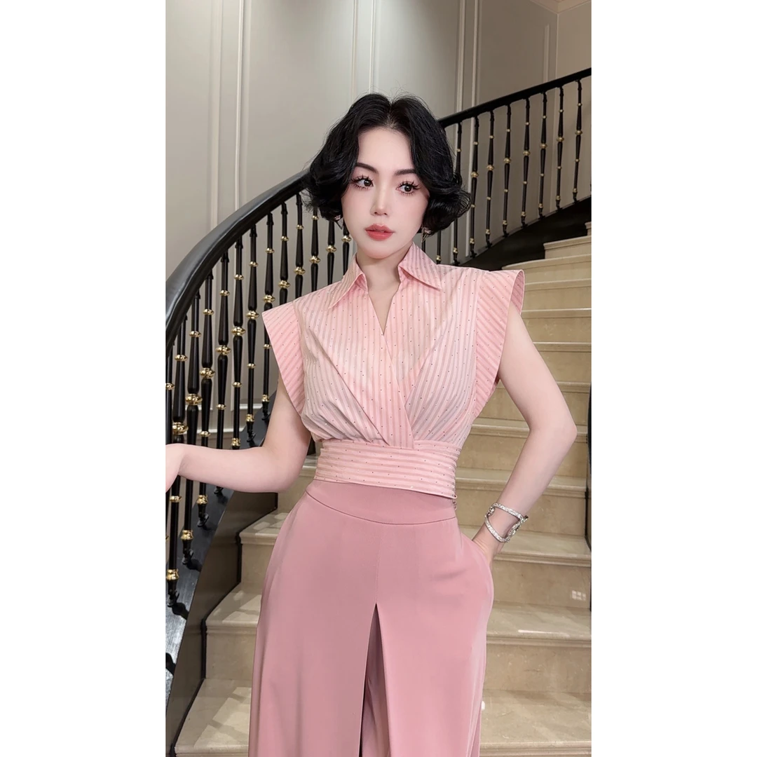 LYXJ【华希利尔湖】夏季条纹烫钻系带收腰显瘦衬衫11180