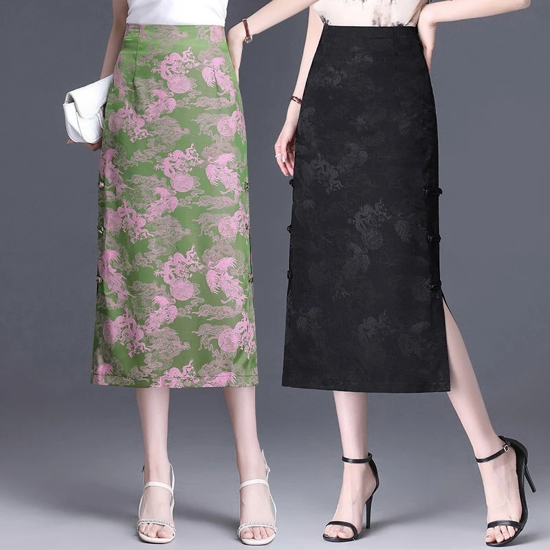 新中式国风缎面提花半身裙女夏季薄2025新款中长开叉直筒一步裙子
