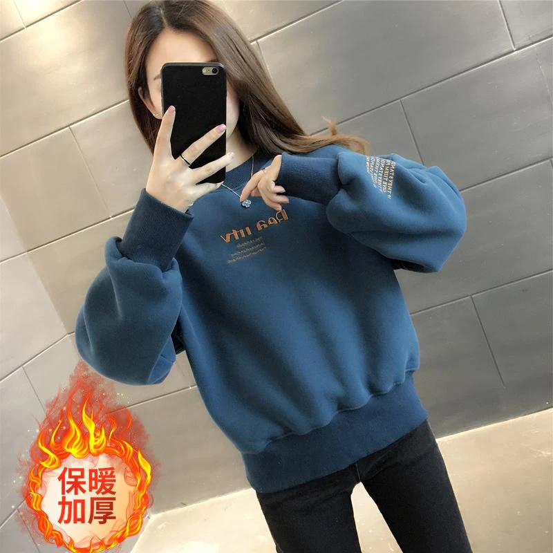 秋冬季加绒卫衣女2025新款韩版短款加厚宽松百搭小个子套头上衣装