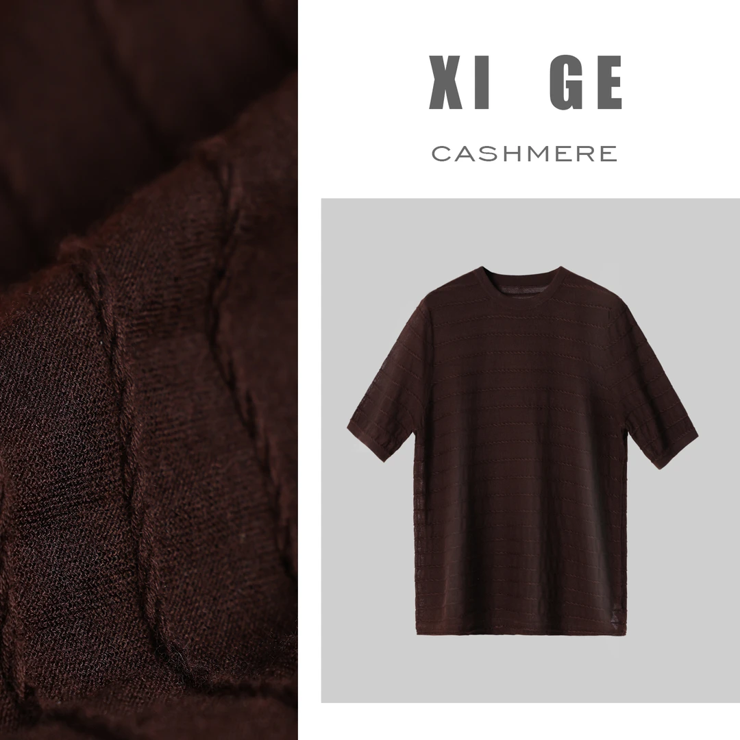 喜歌【重工80支】夏季女士80支精纺100山羊绒坑条条纹针织短袖 7466