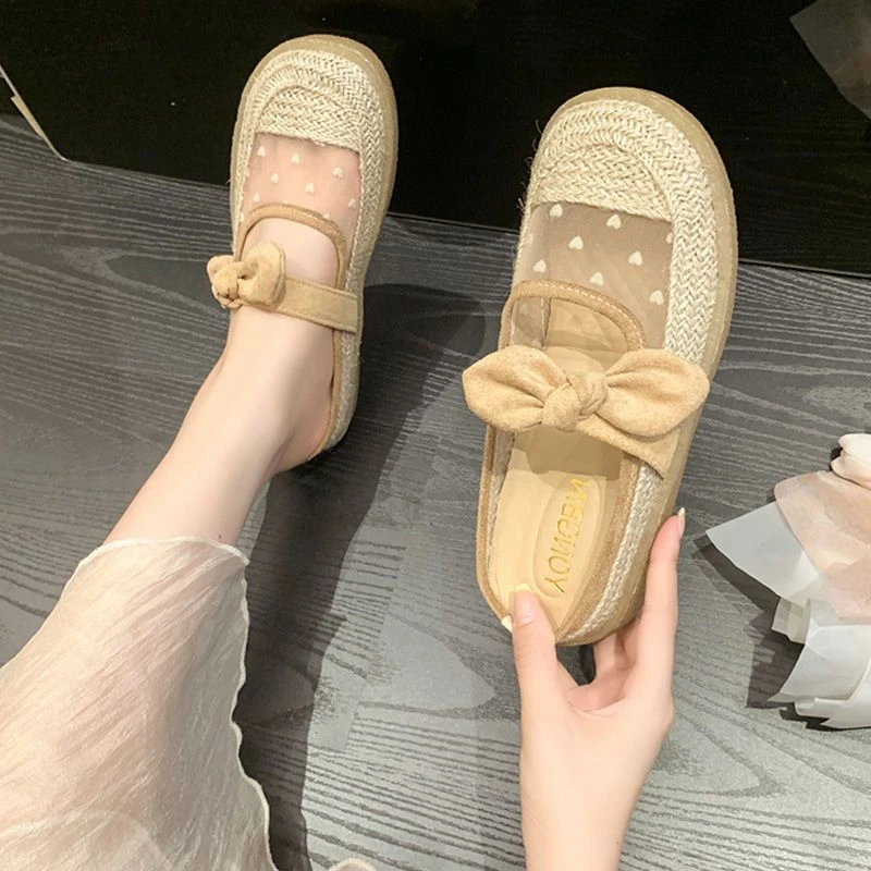 网面包头渔夫鞋女2024年夏季软底无后跟蝴蝶结外穿新款透气凉拖鞋