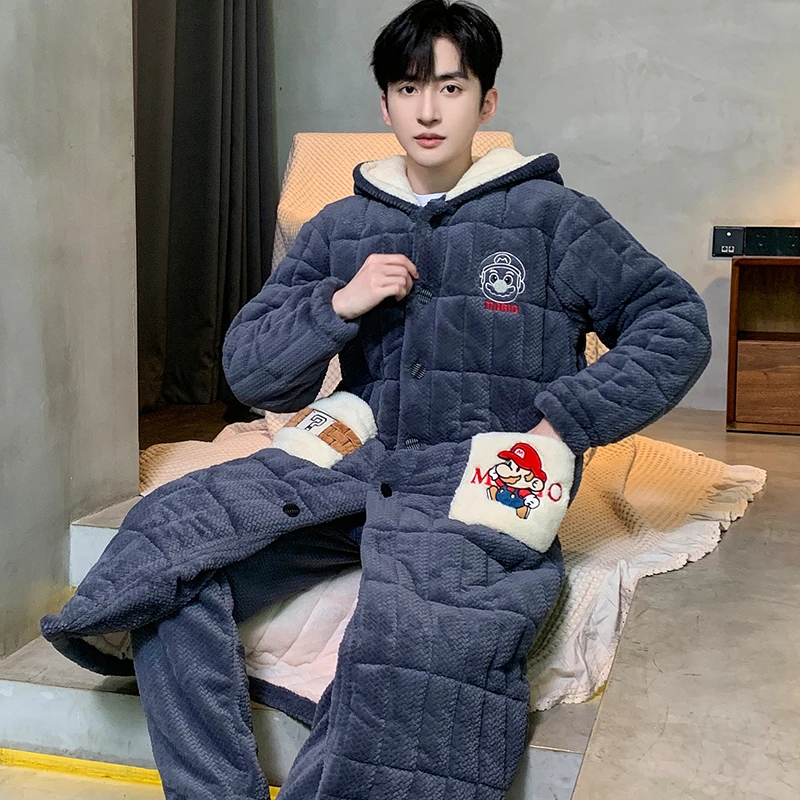 【三层夹棉】睡衣男珊瑚绒加绒加厚睡袍法兰绒冬款秋冬季家居服套装