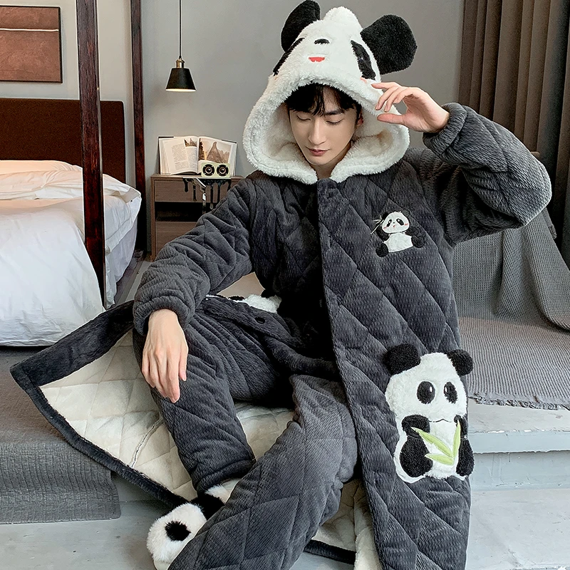 【三层夹棉】珊瑚绒睡袍长款冬季男士加厚加绒超厚连帽睡衣家居服冬