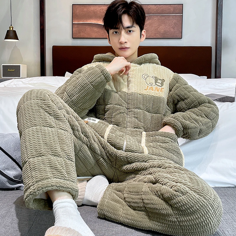 冬季珊瑚绒夹棉睡衣男三层夹棉加厚加绒套装青少年家居服可外穿冬