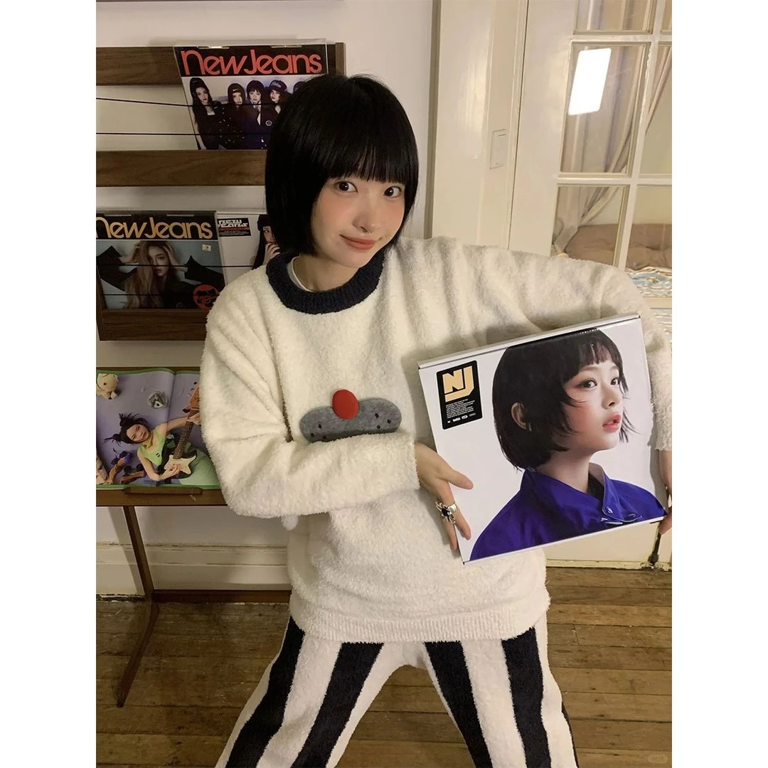 【可爱酷猫】卡通半边绒长袖睡衣女冬季新款家居加厚加绒大码套装