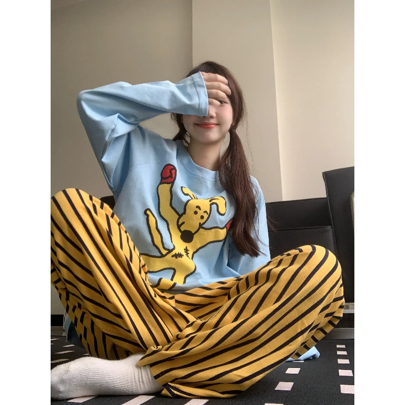 【拳击小狗】可爱动漫印花睡衣套装女春秋季新款长袖条纹长裤家居服
