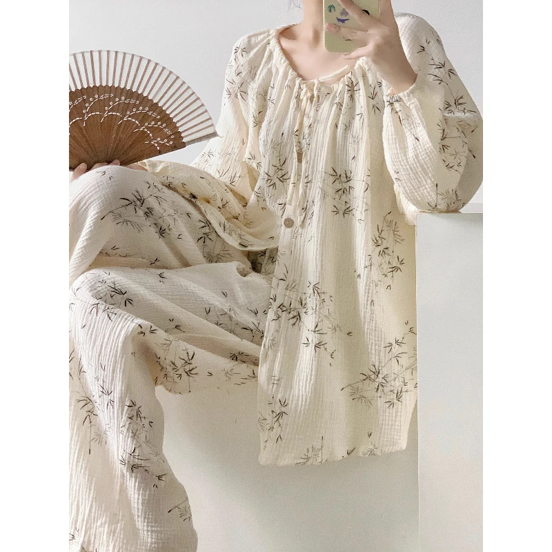 【新中式竹子】国风甜美少女蕾丝睡衣套装女春秋新款长袖长裤家居服