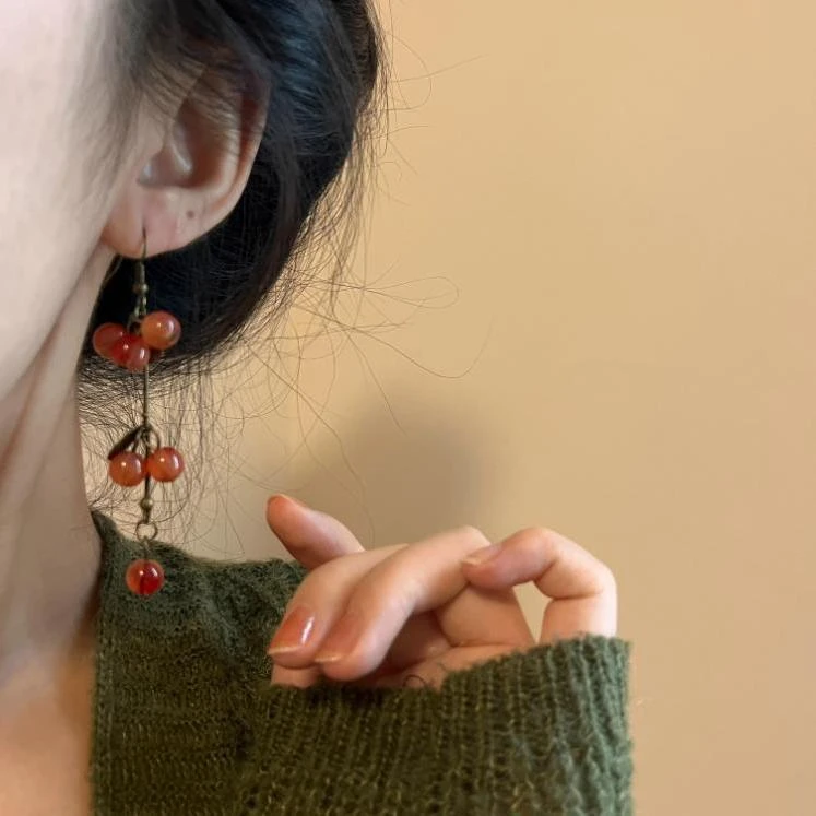中国风独特设计红果子耳环女森系长款耳坠气质高级感复古耳饰女潮