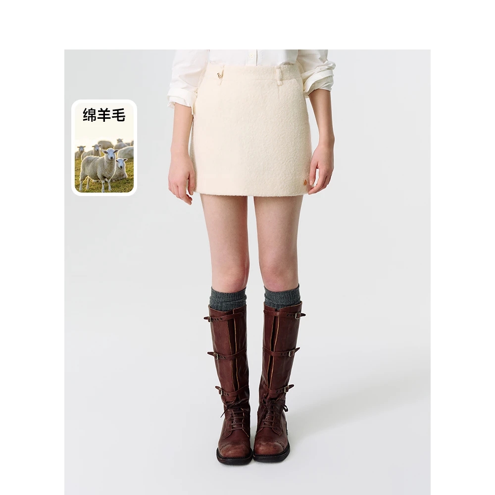 Teenie Weenie小熊气质小香毛呢半身裙女24年冬季新款TTWH244C01P