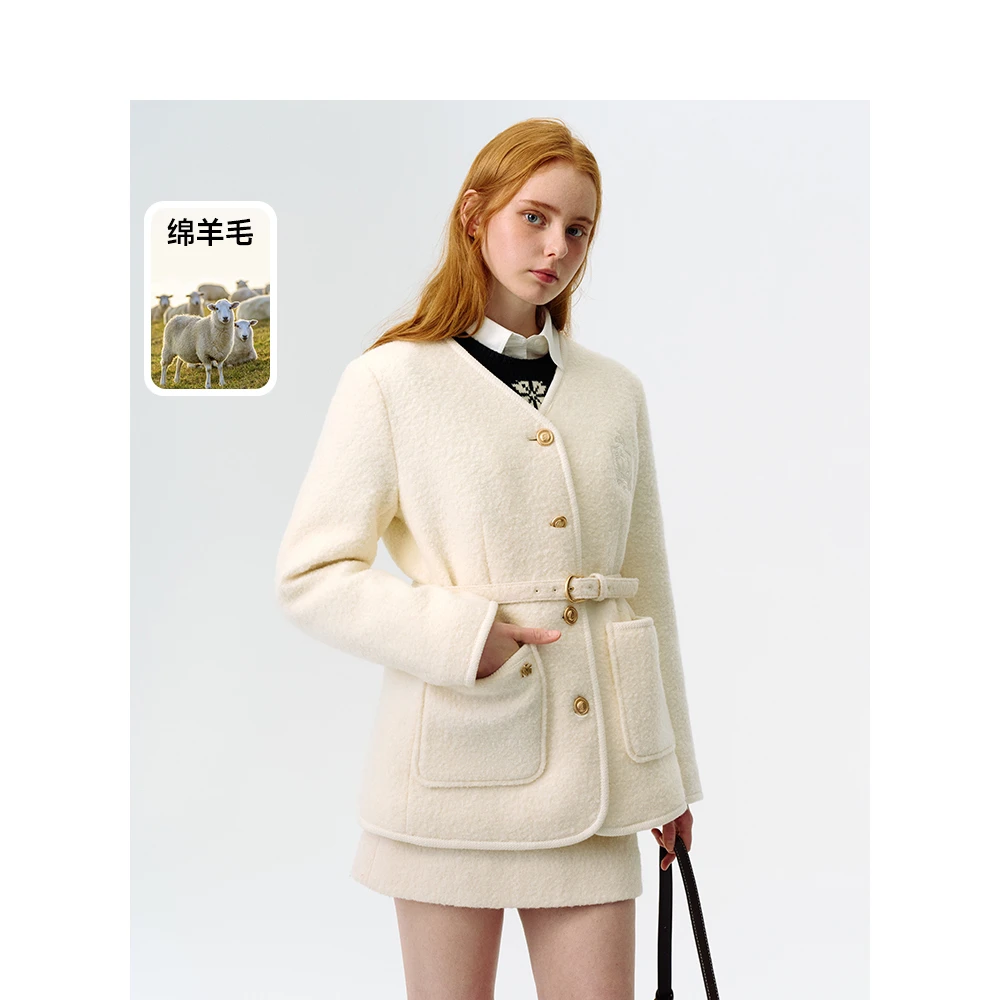 Teenie Weenie小熊毛呢大衣女24年冬季新款TTJW244C02P