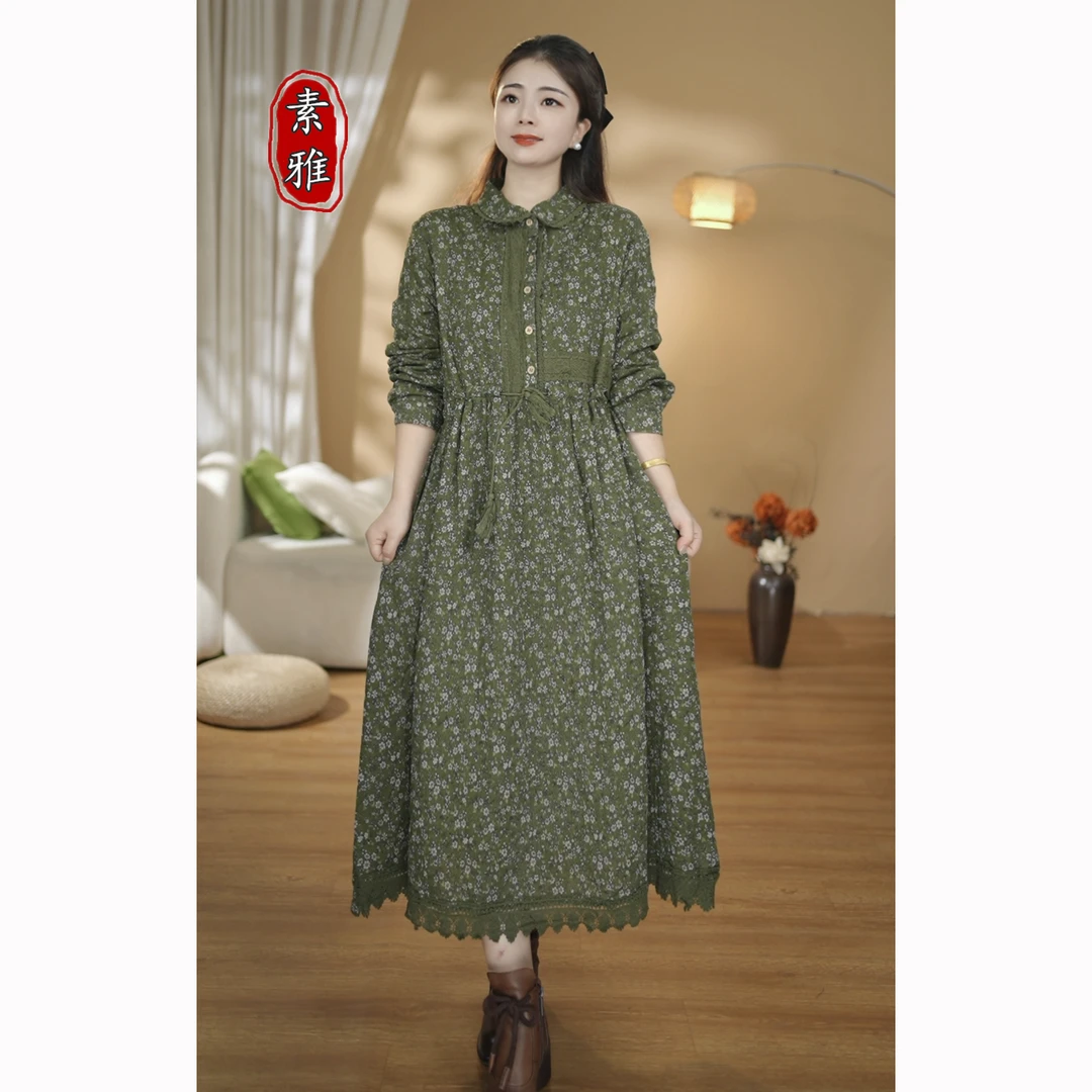 【素雅】秋季新款高档长款印花宽松收腰显瘦花边连衣裙长裙C066