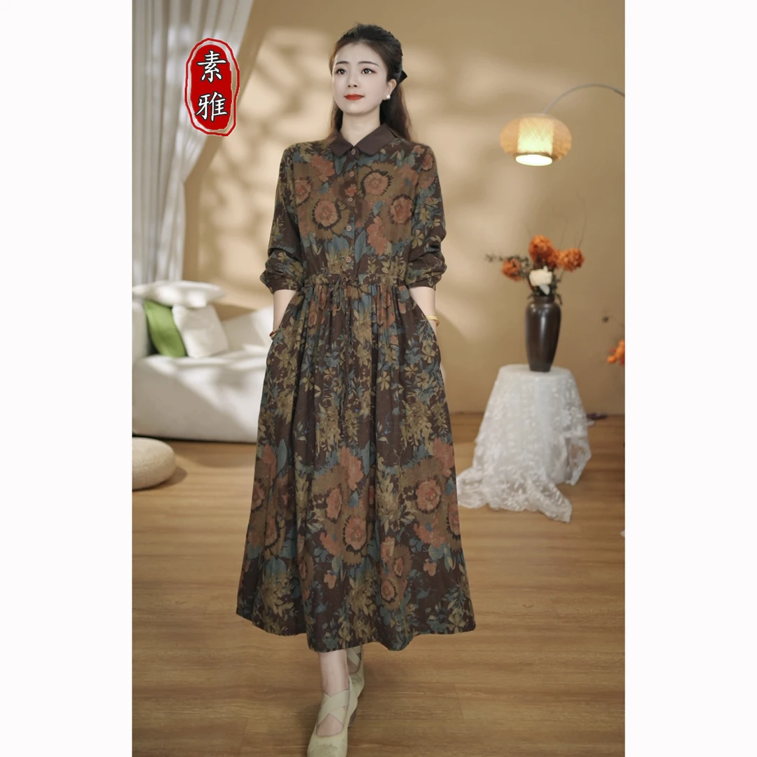 【素雅】春季新款高档长款印花宽松收腰显瘦门禁带扣连衣裙长裙C051