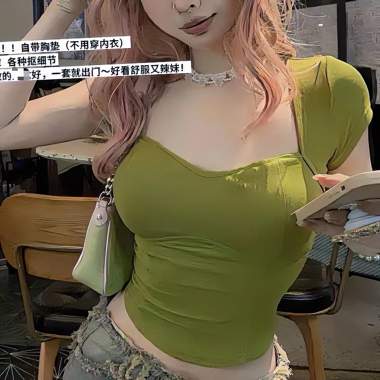 纯欲显瘦露背正肩短袖T恤女夏设计感收腰上衣辣妹修身夏(带胸垫)