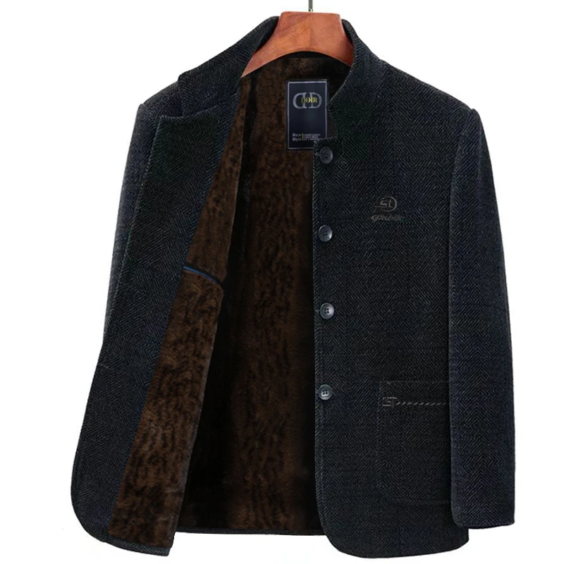 中老年爸爸装加绒冬季新款立领毛呢外套男装休闲宽松时尚男士穿搭