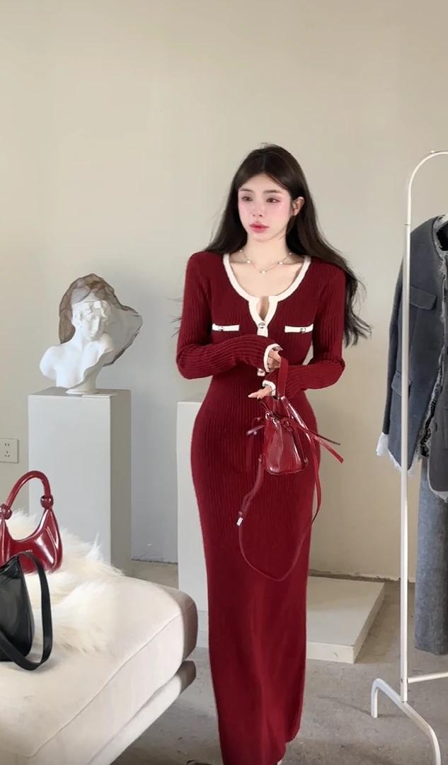 【HuiHui】韩系小众撞色拼接长袖连衣裙修身针织包臀裙长裙（A1427)