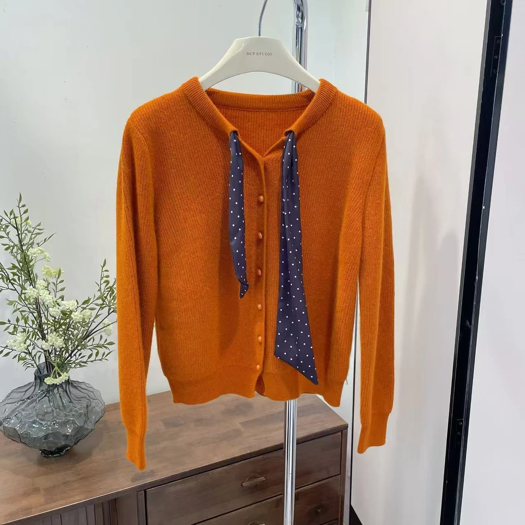 针织衫-51011甜美气质波点丝巾开衫