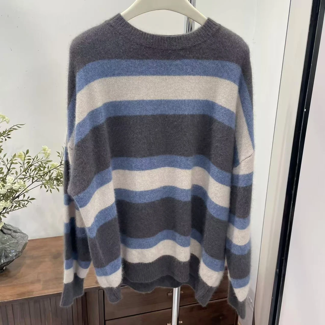 针织衫-8297复古温柔风条纹拼色套头