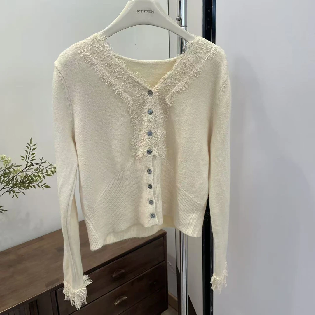 针织衫-243082气质优雅蕾丝拼接V领开衫