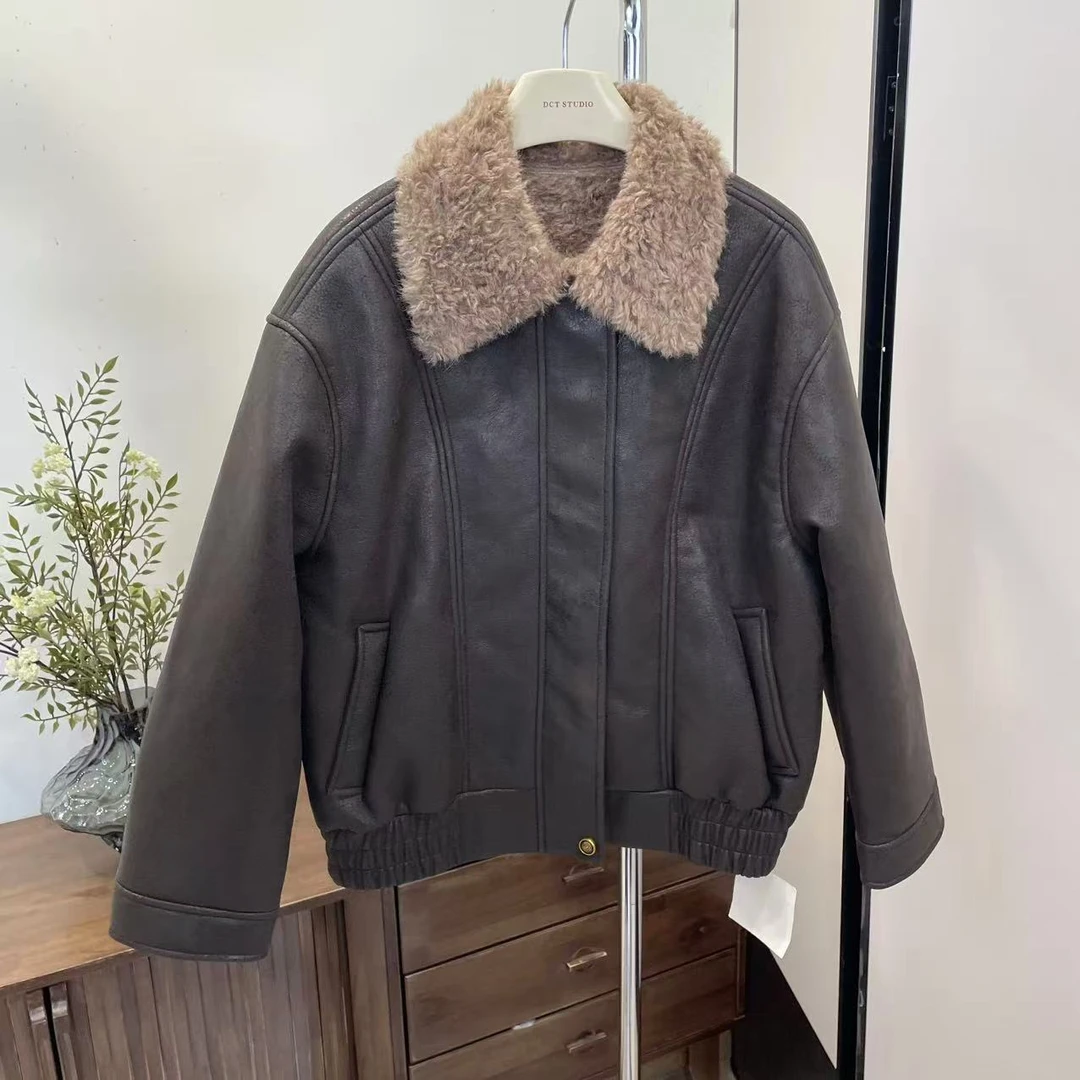 外套-2408020冬季保暖舒适毛毛翻领PU