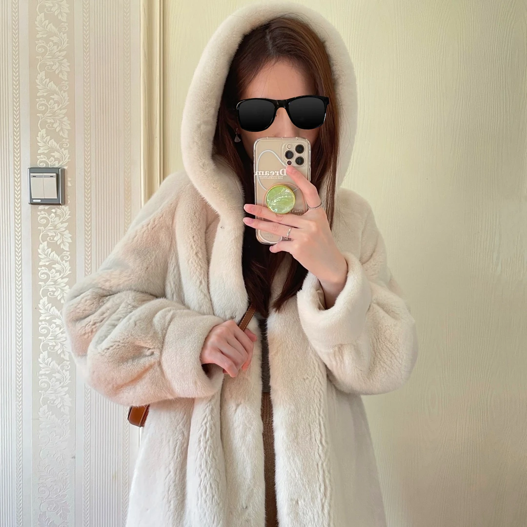 S/75欧版帽水貂大衣中长款冬季长款中长款皮毛一体女大衣宽松带帽