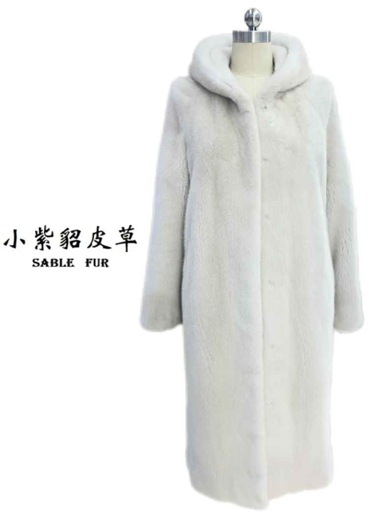 S/110经典帽水貂女款冬季长款中长款皮毛一体女士大衣宽松貂皮