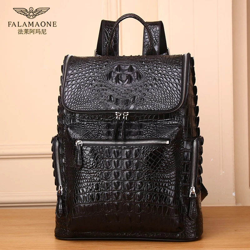 法莱阿玛尼男鳄鱼真皮双肩包奢侈品高档大容量书包商务轻奢电脑包