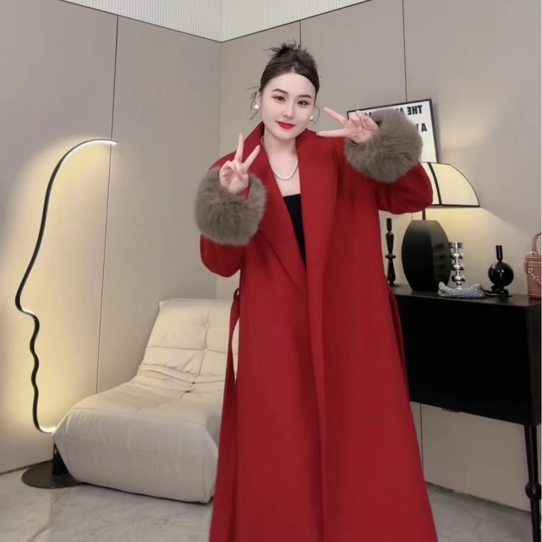 赫本风毛呢大衣中长款秋冬气质名媛高级感系带加厚外套女459421