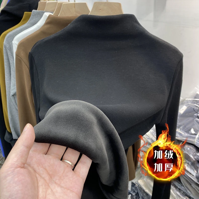 2024秋冬欧货新款半高领加绒加厚上衣女显瘦一体绒内搭t恤