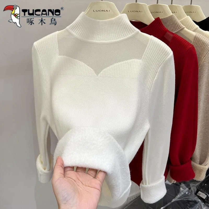 啄木鸟打底毛衫一体绒毛衣女2023秋冬新款半高领网纱女内搭针织衫