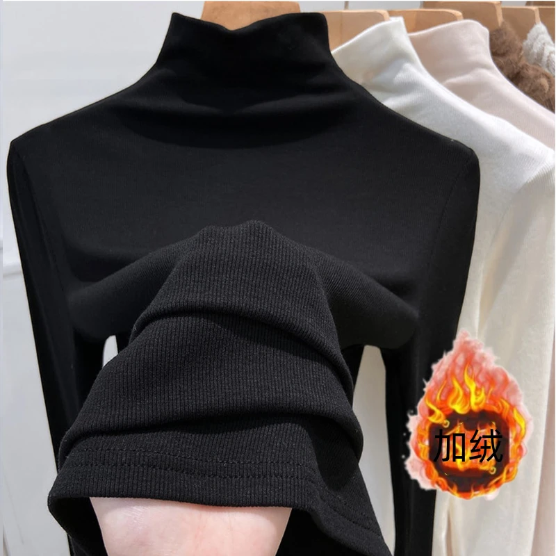 黑色螺纹加厚保暖打底衫半高领内搭百搭秋冬修身长袖t恤女