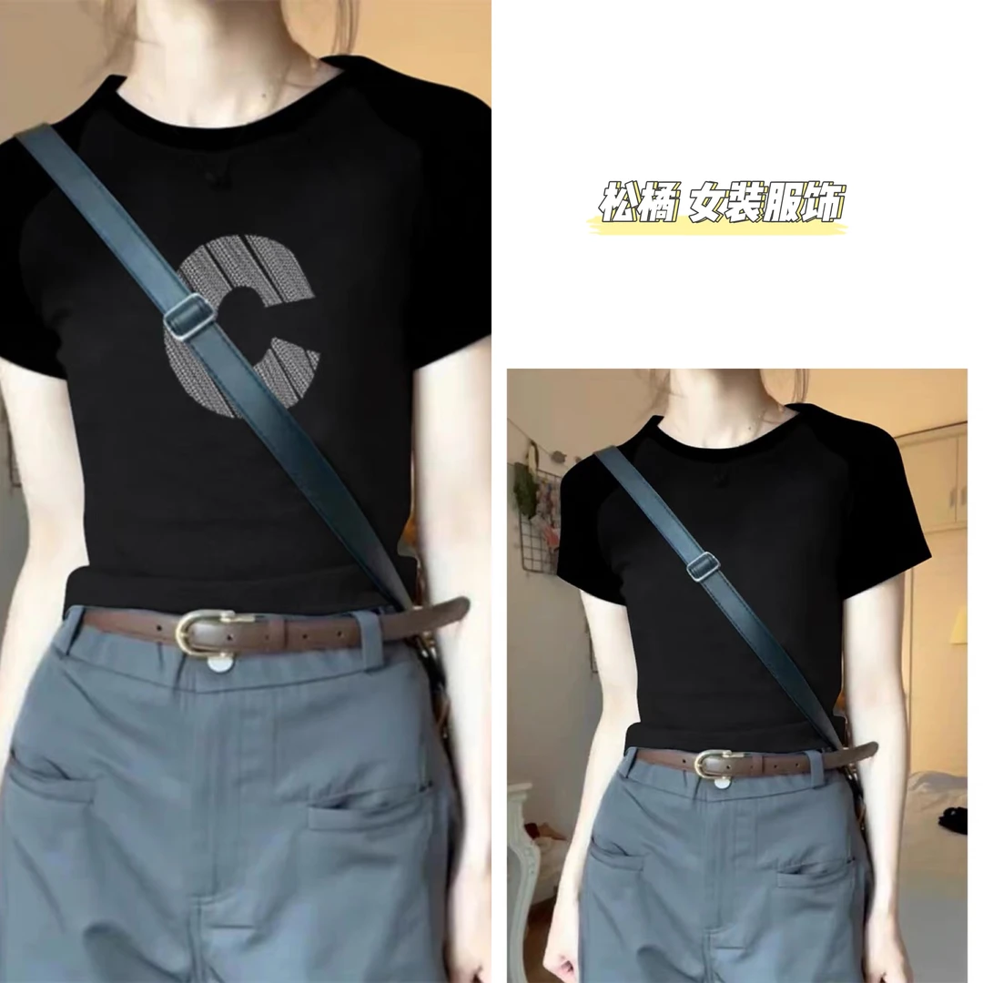 松橘修身正肩短袖t恤女春夏季黑色显瘦紧身小衫又甜又辣小上衣ins