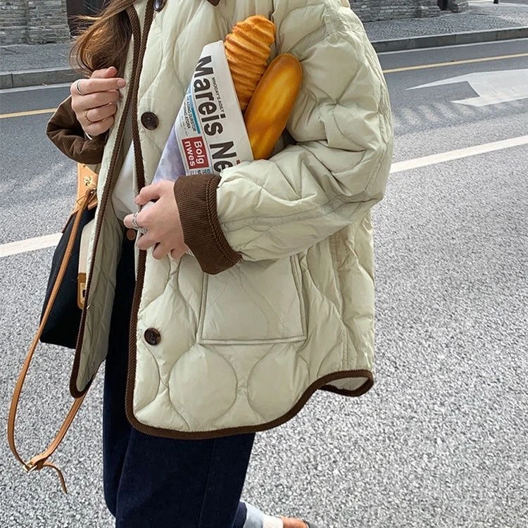 小香风韩系棉服短款韩版宽松2024冬季新款棉衣翻领宽松菱格小棉袄