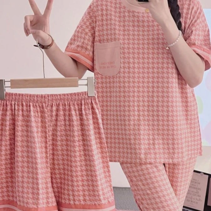 女士套头100%纯棉三件套睡衣