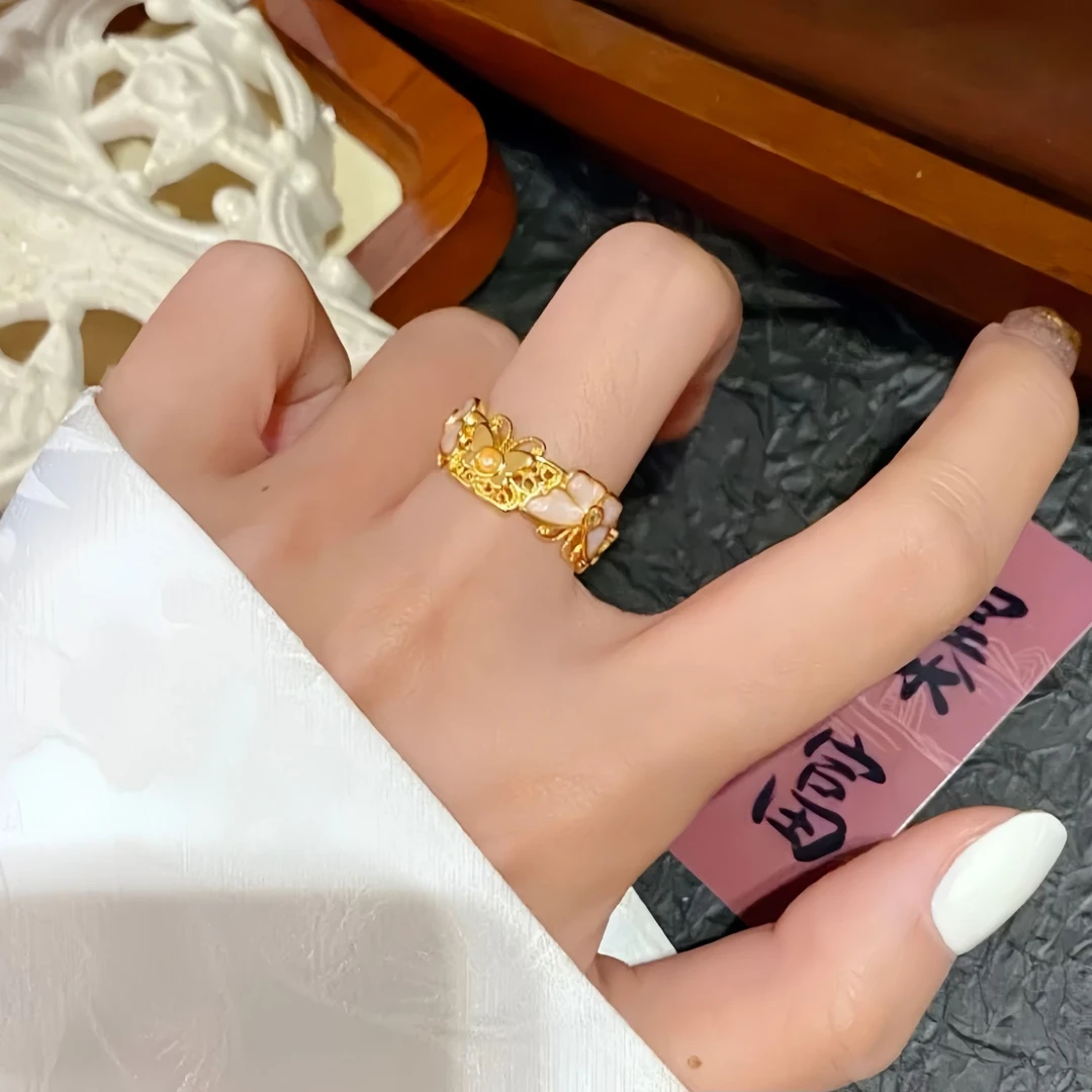 铜合金戒指 古法珐琅高温烧蓝蝴蝶少女戒指
