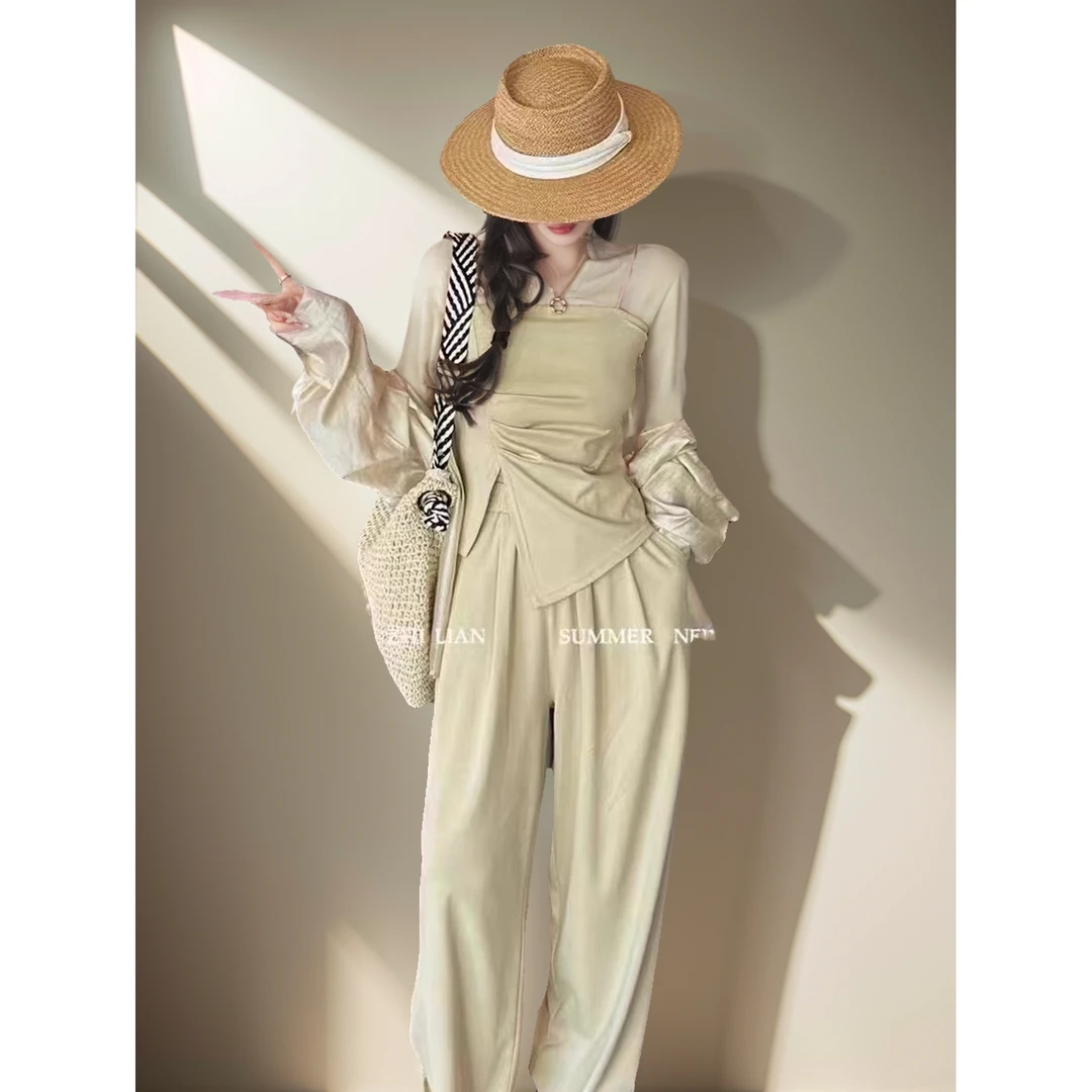 赛猪头家韩系温柔风松弛感阔腿裤套装夏减龄防晒披肩三件套010