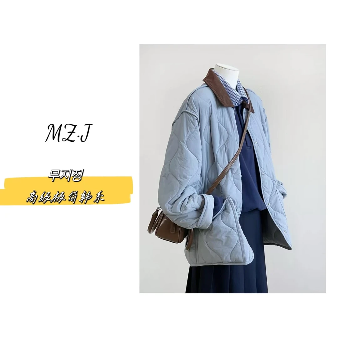 무지징−【小香风菱格】韩版宽松复古菱格夹棉翻领短外套-7006