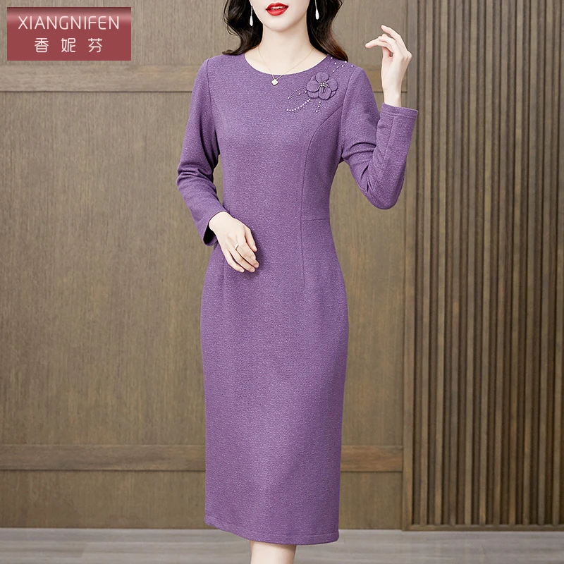 【香妮芬】83051春秋修身时尚气质妈妈装裙子长袖秋冬女装连衣裙