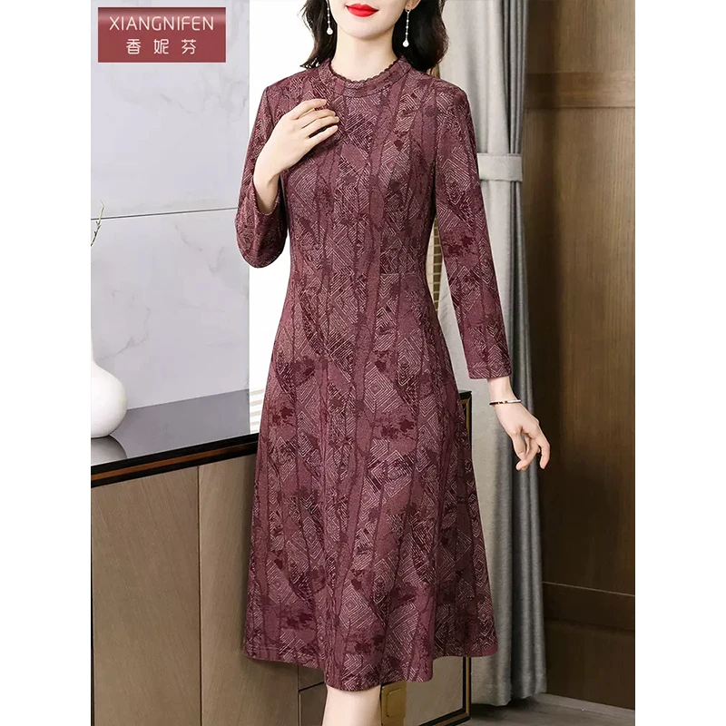 【香妮芬宠粉福利】53055秋季磨毛提花长袖气质女装连衣裙妈妈装