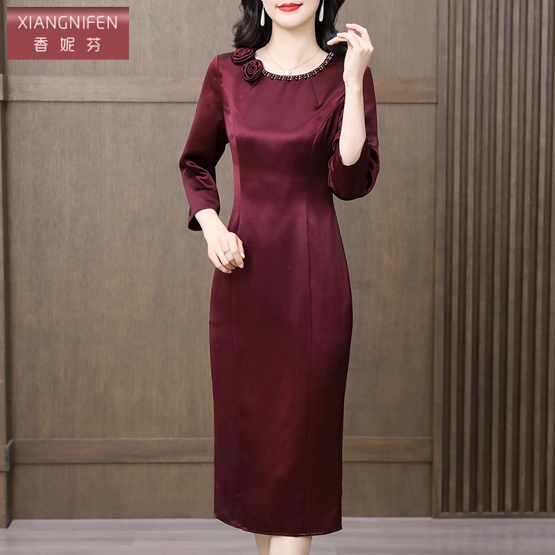 【香妮芬】83209秋季高端醋酸优雅酒红色女装连衣裙喜婆婆喜妈妈装