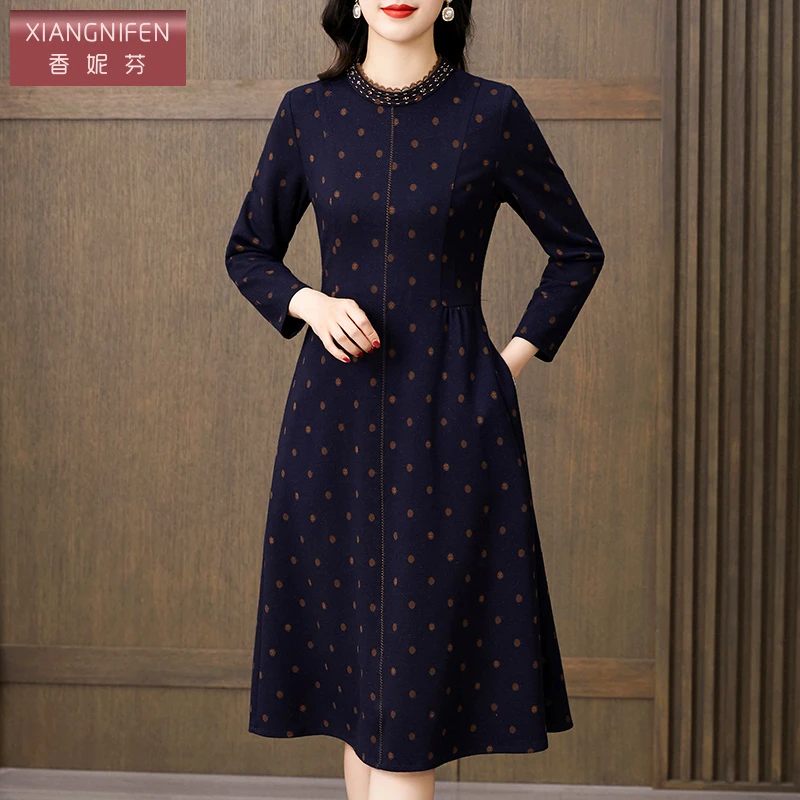 【香妮芬】83017春秋长袖圆领羊毛女装连衣裙显瘦气质时尚妈妈装