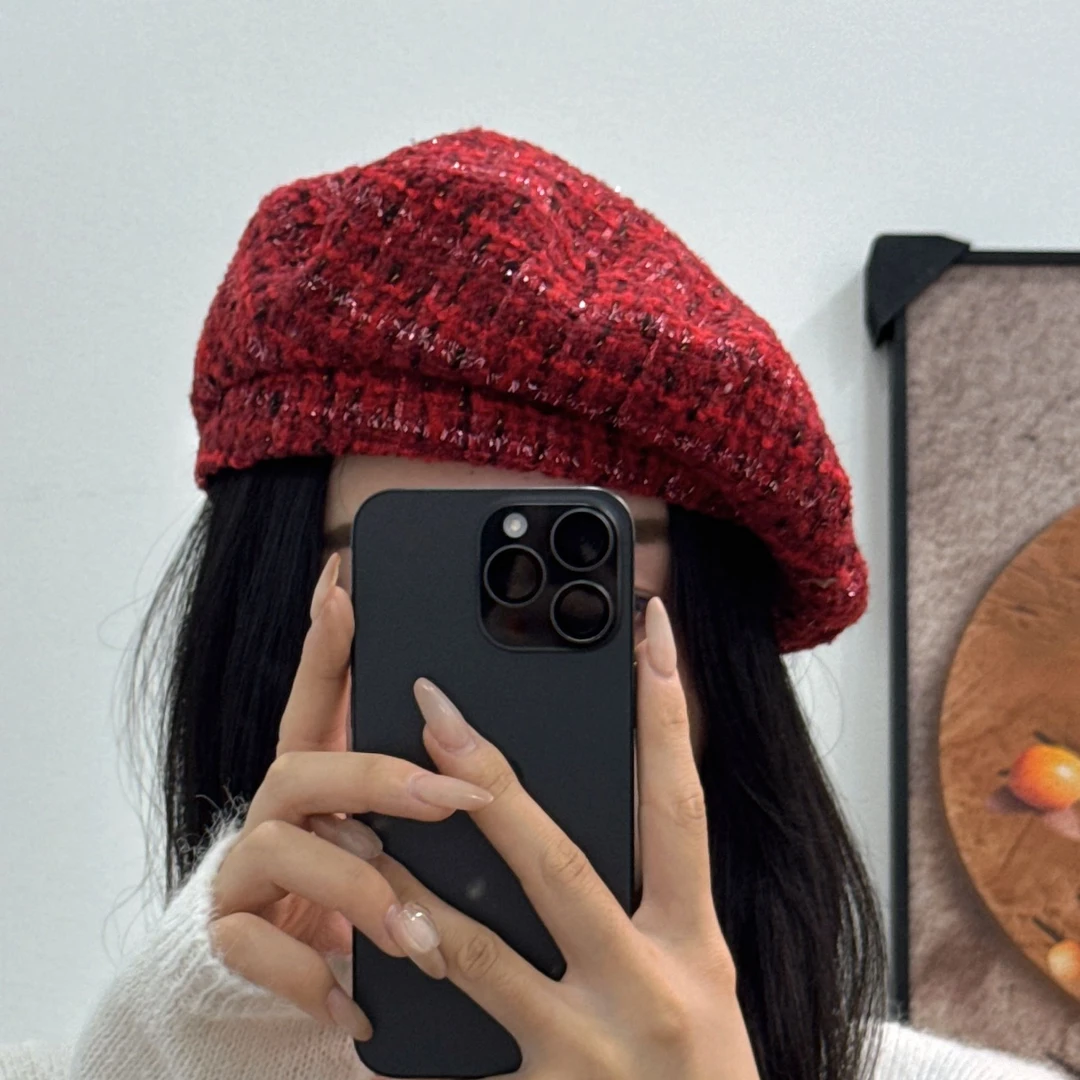 【SJ】2024新款小香风羊毛混纺南瓜帽粗花呢加大贝雷帽法式画家帽